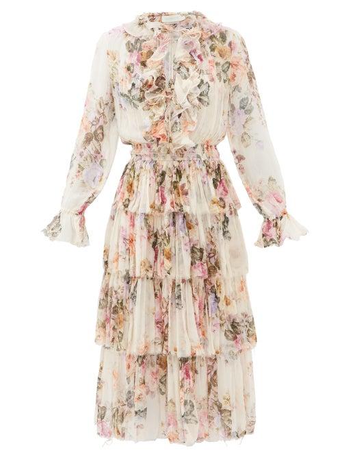 Matchesfashion.com Zimmermann - Brighton Tiered Floral-print Chiffon Midi Dress - Womens - White Print