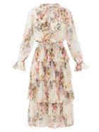Matchesfashion.com Zimmermann - Brighton Tiered Floral-print Chiffon Midi Dress - Womens - White Print