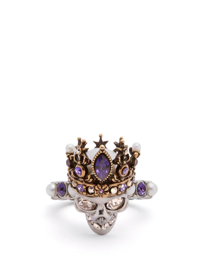 Alexander Mcqueen Queen Crystal And Pearl-embellished Skull Ring