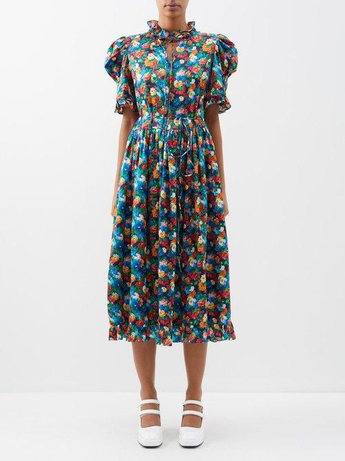 Horror Vacui - Leandra Floral-print Silk-satin Midi Dress - Womens - Pink Red