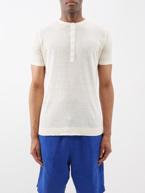 120 Lino 120% Lino - Short-sleeved Linen Henley Top - Mens - Natural
