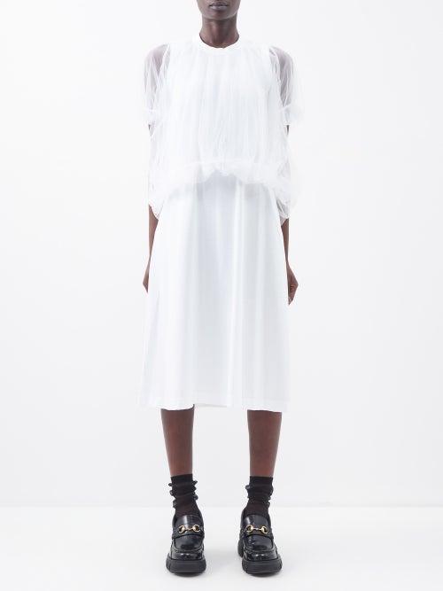 Noir Kei Ninomiya - Gathered-waist Cotton And Tulle Sleeveless Dress - Womens - White