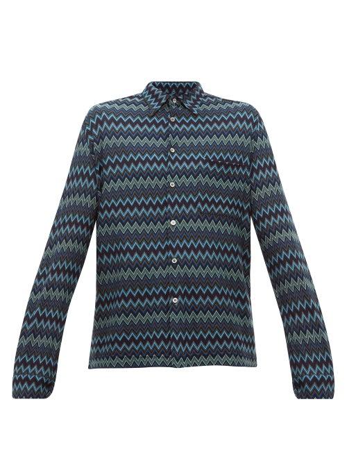 Matchesfashion.com Missoni - Zigzag Patterned Knitted Wool Blend Shirt - Mens - Blue