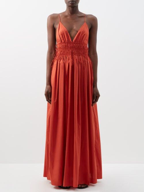 Matteau - Plunge-neck Gathered Organic-cotton Maxi Dress - Womens - Rust