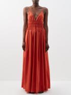 Matteau - Plunge-neck Gathered Organic-cotton Maxi Dress - Womens - Rust