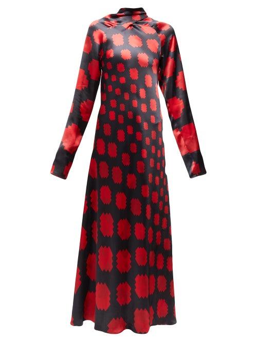 Matchesfashion.com Marni - High Neck Pixel Print Satin Maxi Dress - Womens - Black Red