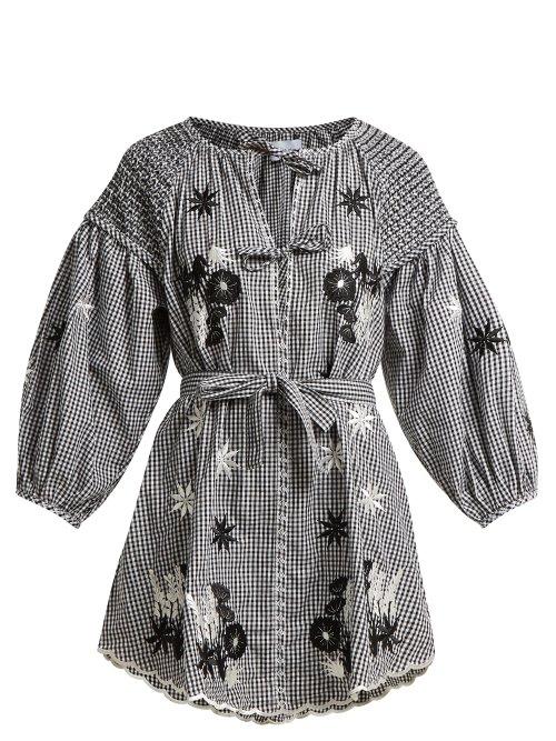 Matchesfashion.com Innika Choo - Smocked Embroidered Cotton Dress - Womens - Black Print