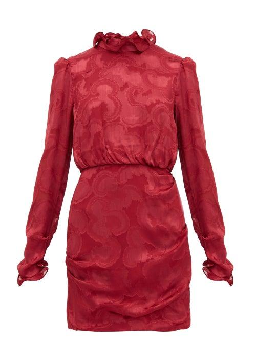 Matchesfashion.com Saloni - Rina Ruffled Silk Blend Jacquard Mini Dress - Womens - Burgundy