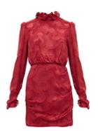 Matchesfashion.com Saloni - Rina Ruffled Silk Blend Jacquard Mini Dress - Womens - Burgundy