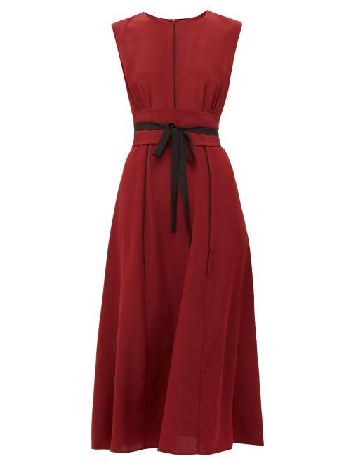 Matchesfashion.com Cefinn - Tie Waist Pleated Silk Midi Dress - Womens - Burgundy