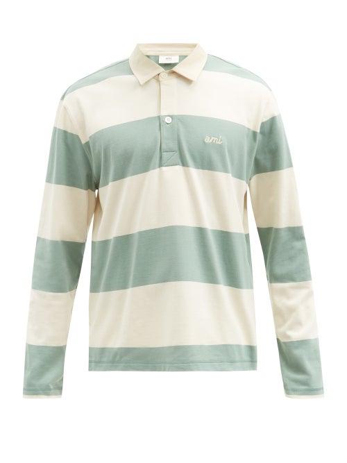 Matchesfashion.com Ami - Logo-embroidered Striped Cotton-jersey Polo Shirt - Mens - Green White