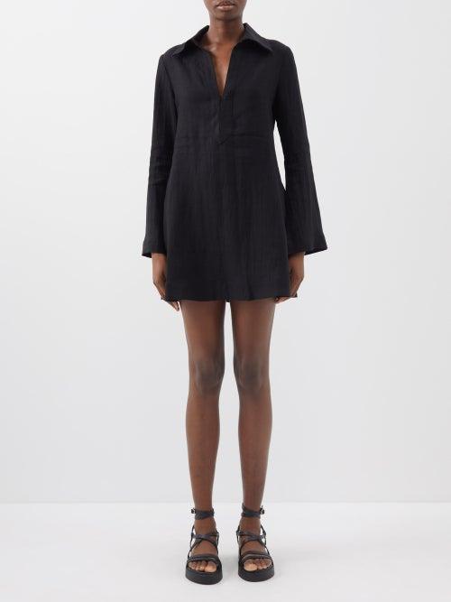 Three Graces London - Tabitha Spread-collar Linen Mini Dress - Womens - Black