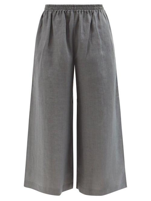 Eskandar - Elasticated Cropped Linen Wide-leg Trousers - Womens - Grey