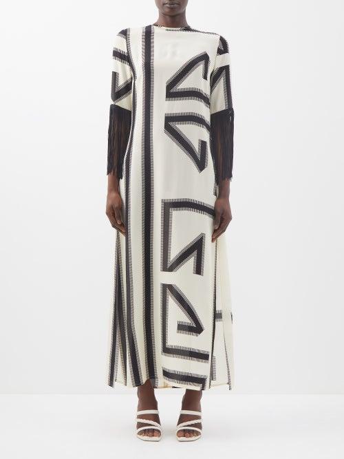 Louisa Parris - The Fringe Silk Crepe De Chine Maxi Dress - Womens - Cream Black