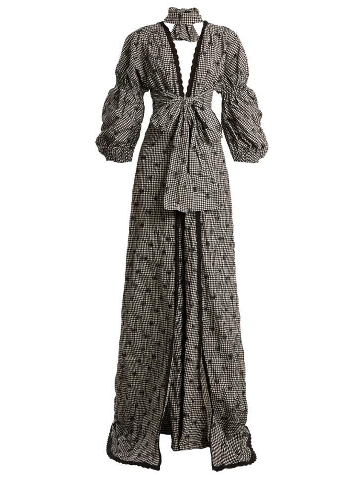 Jonathan Simkhai Smocked Gingham Lace-trimmed V-neck Gown