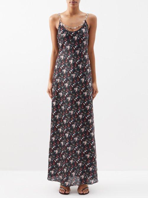Paco Rabanne - Rose-print Satin Midi Dress - Womens - Black Multi