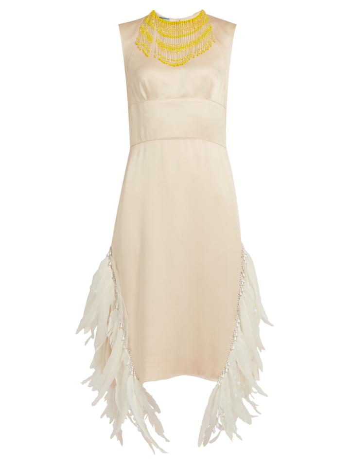 Prada Sleeveless Feather-embellished Satin Dress