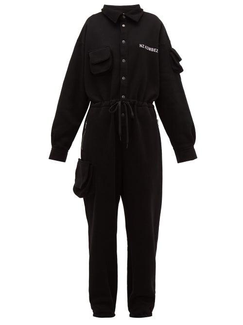 Matchesfashion.com Natasha Zinko - Logo Print Cotton Blend Jersey Jumpsuit - Womens - Black
