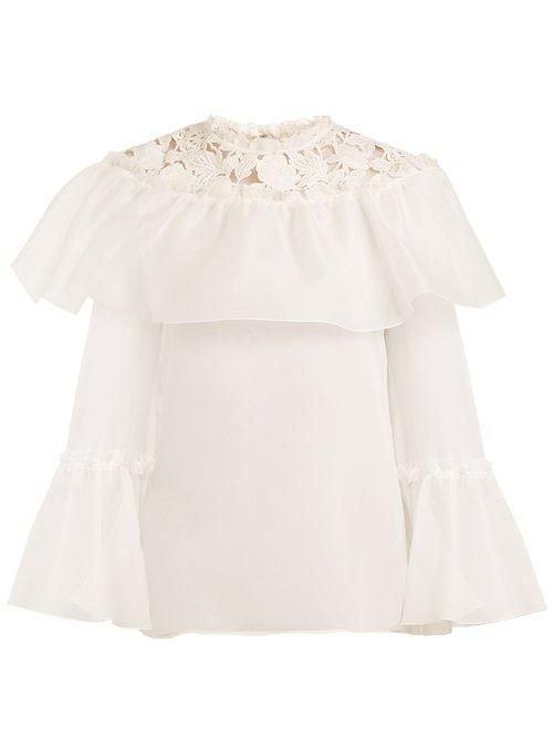 Matchesfashion.com Giambattista Valli - Lace Insert Silk Georgette Blouse - Womens - White