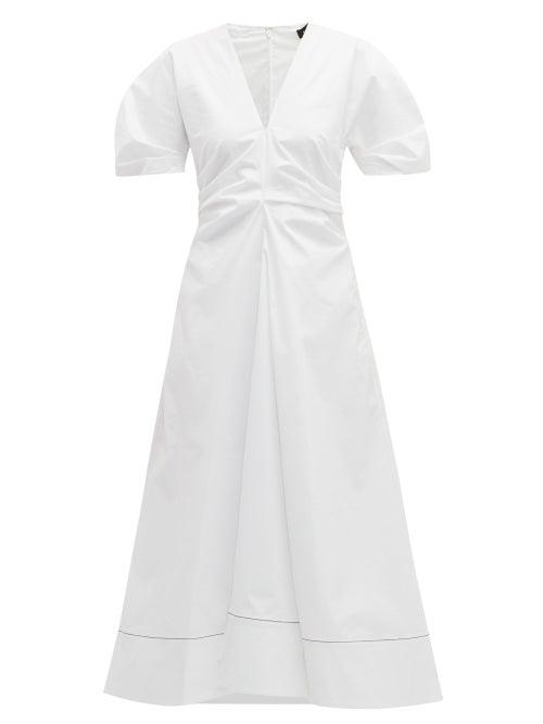 Matchesfashion.com Proenza Schouler - Gathered Cotton Blend Midi Dress - Womens - White