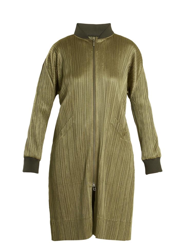 Pleats Please Issey Miyake Long-line Pleated Bomber Jacket