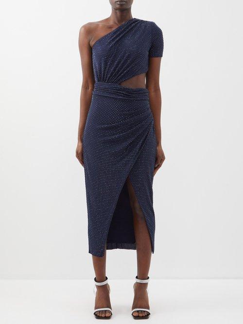 Self-portrait - Asymmetric Cutout Crystal-embellished Crepe Dress - Womens - Navy