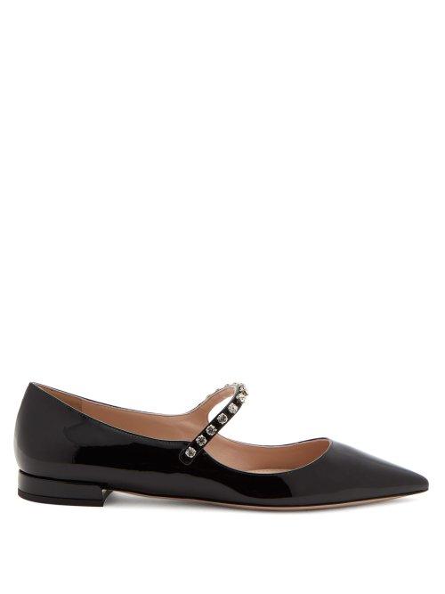 Matchesfashion.com Miu Miu - Crystal Embellished Patent Leather Mary Jane Flats - Womens - Black