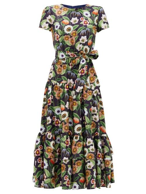 Matchesfashion.com Borgo De Nor - Elisa Floral-print Silk-twill Midi Dress - Womens - Navy Multi