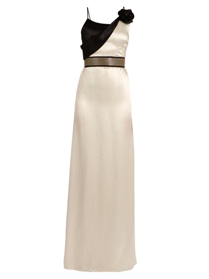 Lanvin Flower-embellished Draped-neck Satin Gown
