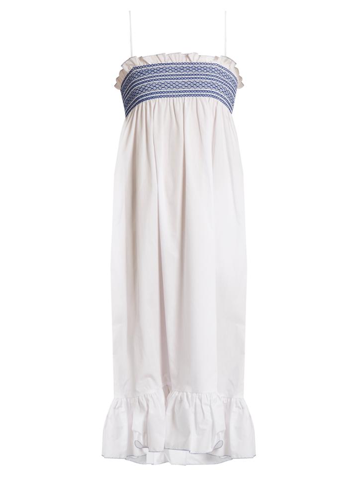 Lisa Marie Fernandez Embroidered Smocked Cotton Slip Dress