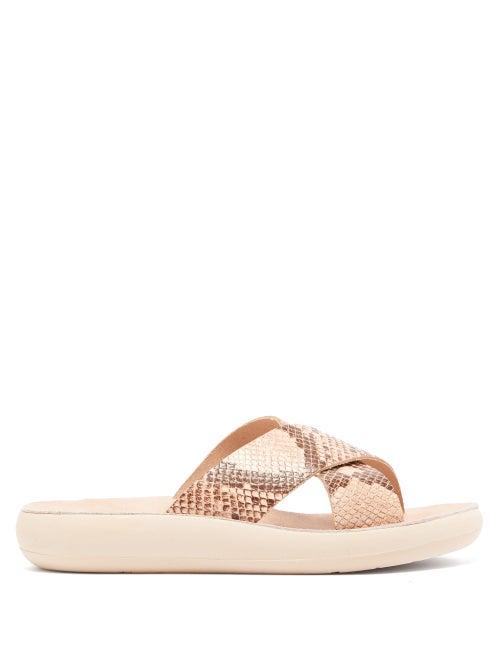 Matchesfashion.com Ancient Greek Sandals - Thais Crossover Python Effect Leather Slides - Womens - Pink Multi