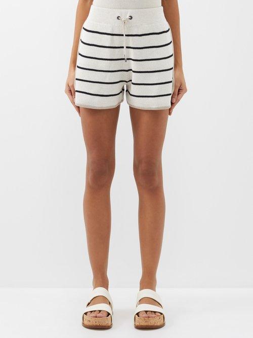 Brunello Cucinelli - Striped Rib-knit Cotton Shorts - Womens - Cream Black