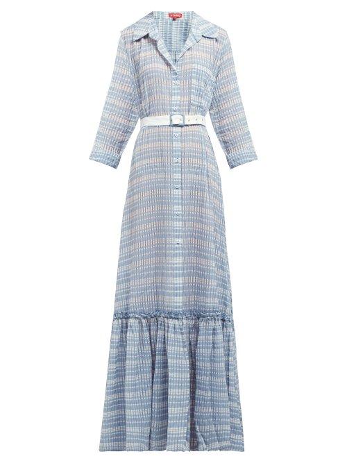 Matchesfashion.com Staud - Rose Belted Checked Seersucker Maxi Dress - Womens - Light Blue