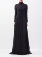 Valentino - High-neck Ruched Silk-chiffon Gown - Womens - Black
