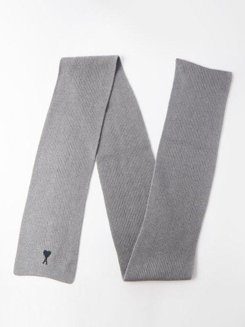 Ami - Ami De Caur-logo Ribbed-wool Scarf - Mens - Grey Black
