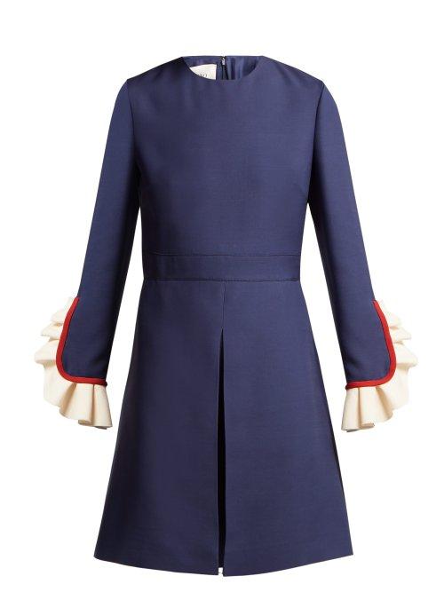 Matchesfashion.com Valentino - Ruffle Trimmed Wool And Silk Blend Mini Dress - Womens - Navy Multi