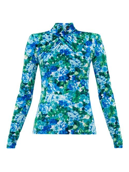 Matchesfashion.com Richard Quinn - Padded-shoulder Floral-print Velvet Top - Womens - Blue Print