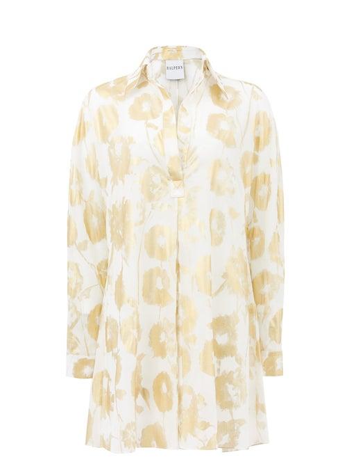 Matchesfashion.com Halpern - Metallic Floral-print Cotton-voile Shirt Dress - Womens - White Gold
