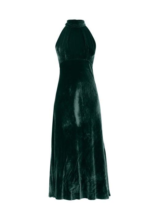 Matchesfashion.com Saloni - Michelle Halterneck Velvet Midi Dress - Womens - Dark Green