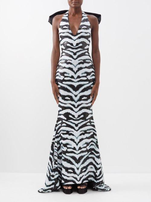 Halpern - Bow-tied Zebra-stripe Sequinned Gown - Womens - Black White
