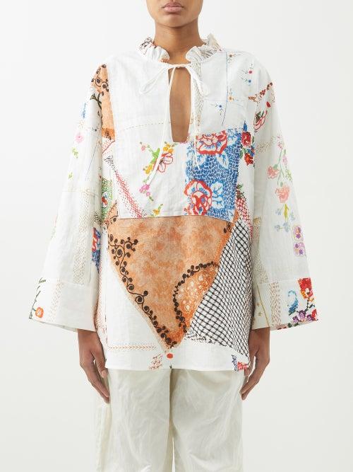 By Walid - Marni Vintage Patchwork Linen Tunic - Womens - White Multi