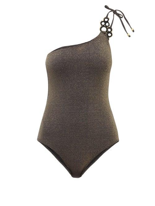 Matchesfashion.com My Beachy Side - Haltekom Metallic One-shoulder Swimsuit - Womens - Black
