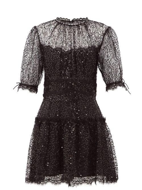 Matchesfashion.com Jonathan Simkhai - Sequin Embellished Lace Trimmed Mesh Mini Dress - Womens - Black