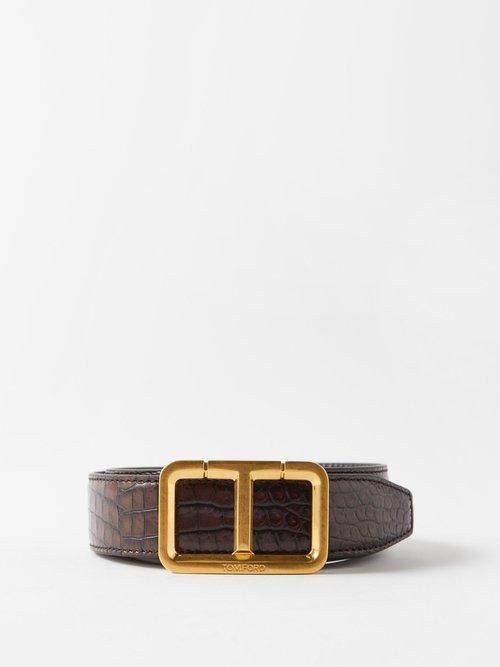Tom Ford - Croc-effect Leather Belt - Mens - Dark Brown