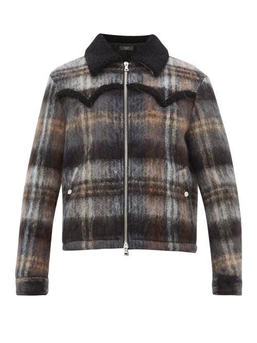 Matchesfashion.com Amiri - Shearling Trimmed Plaid Mohair Blend Jacket - Mens - Black Brown