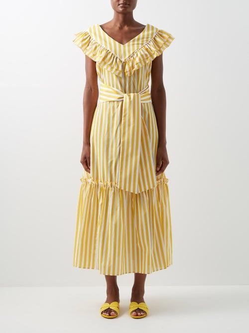 Loretta Caponi - Lia Striped Sashed-waist Cotton Dress - Womens - Orange Stripe