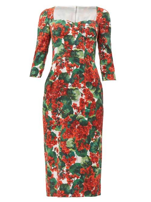 Matchesfashion.com Dolce & Gabbana - Sweetheart Bodice Geranium Print Cady Midi Dress - Womens - Red Multi