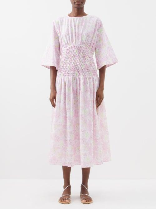 Merlette - Alma Floral-print Cotton Midi Dress - Womens - Light Pink Multi