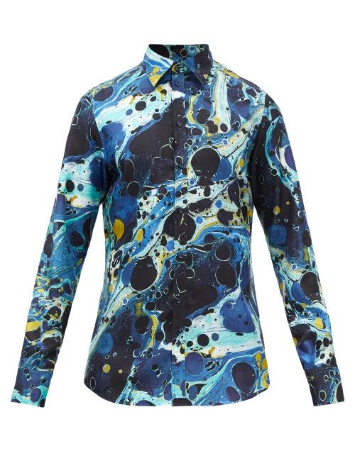 Dolce & Gabbana - Marble-print Silk Shirt - Mens - Blue Multi
