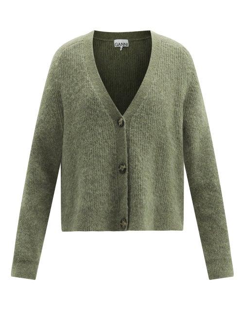 Ladies Rtw Ganni - V-neck Wool-blend Cardigan - Womens - Khaki